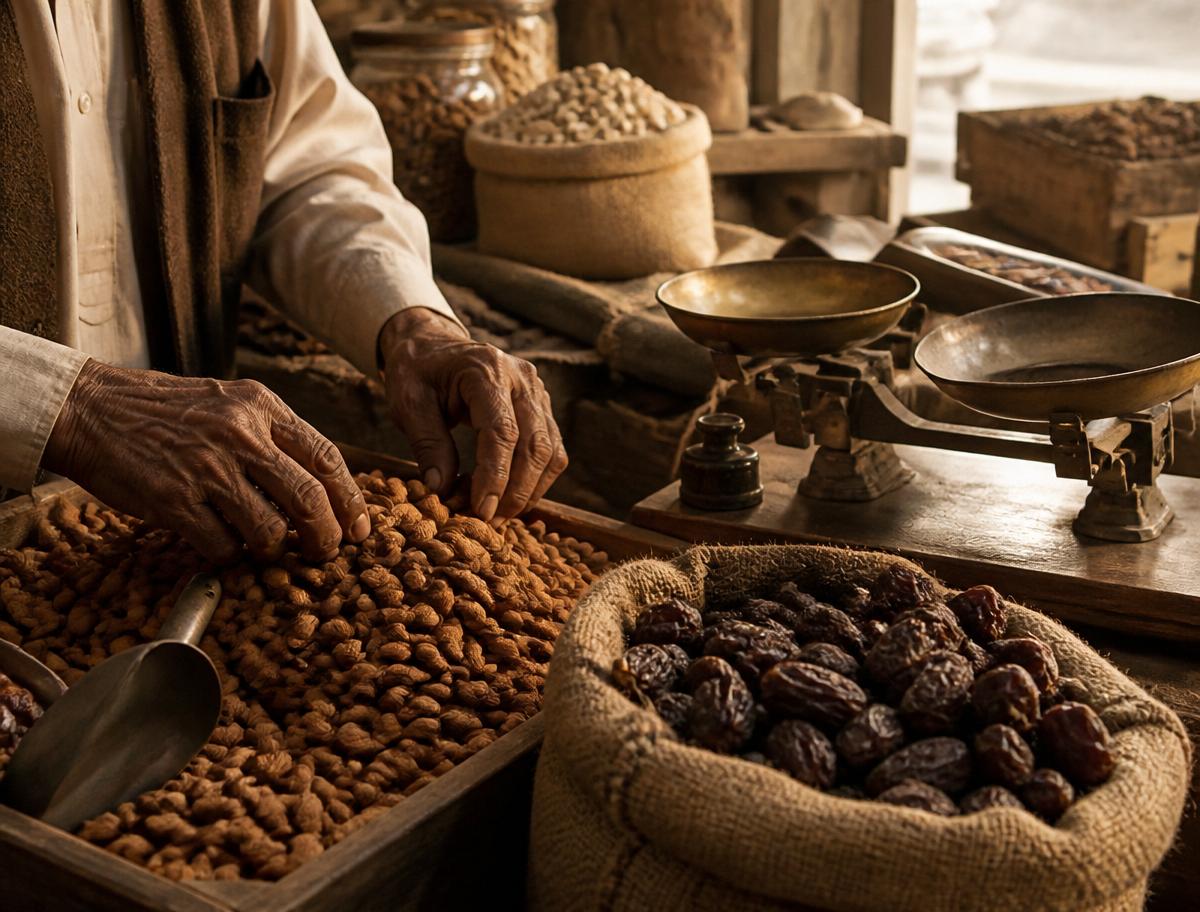 Generations of hands sorting almonds and dates with brass scales in a heritage dry fruit shop