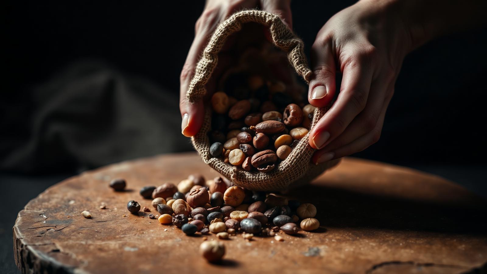 Hands pouring mixed dry fruits from a jute pouch onto a warm wooden slab